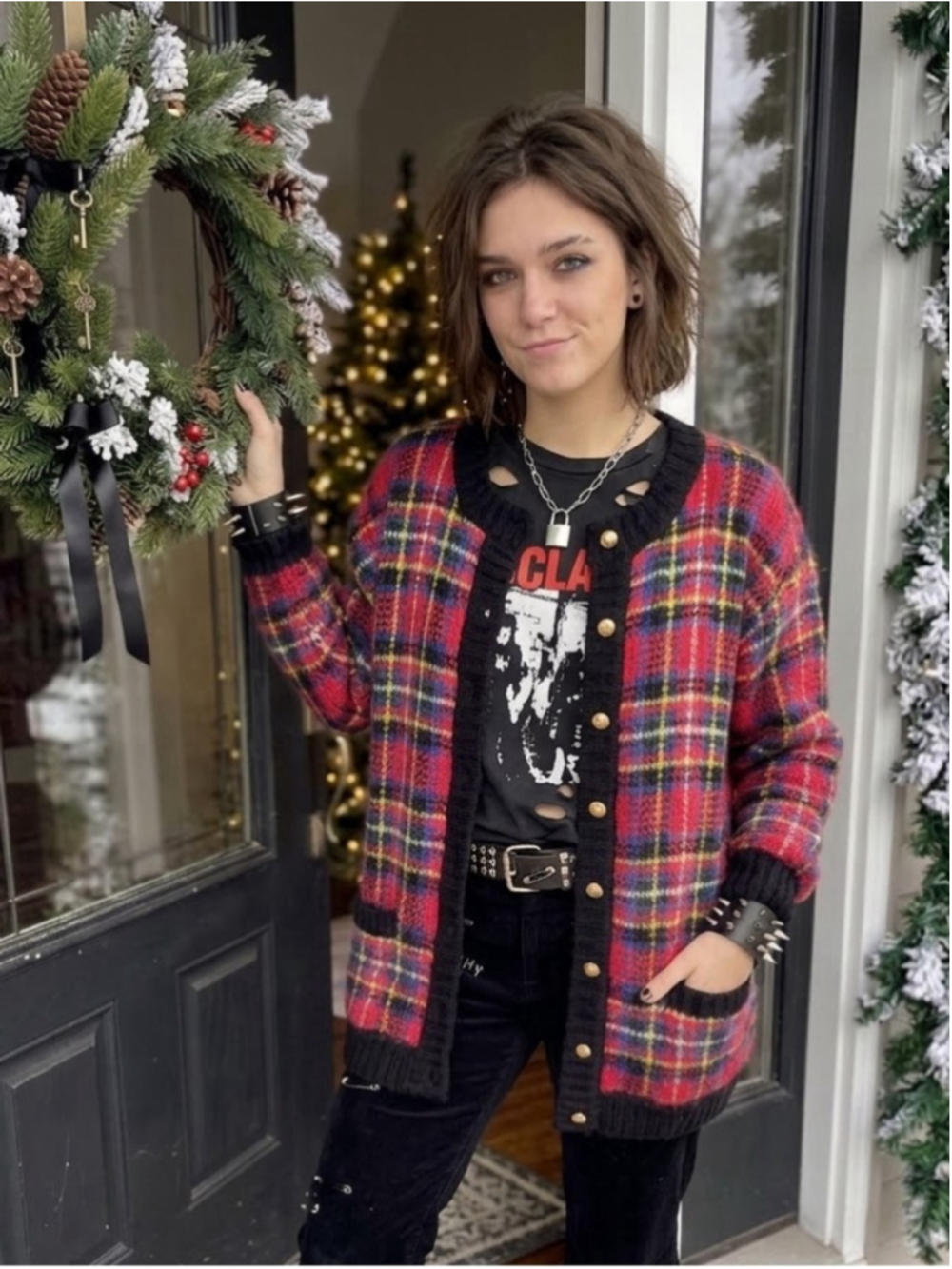 Vintage Mohair Blend Tartan Plaid Button Up Cardigan Sweater Size M